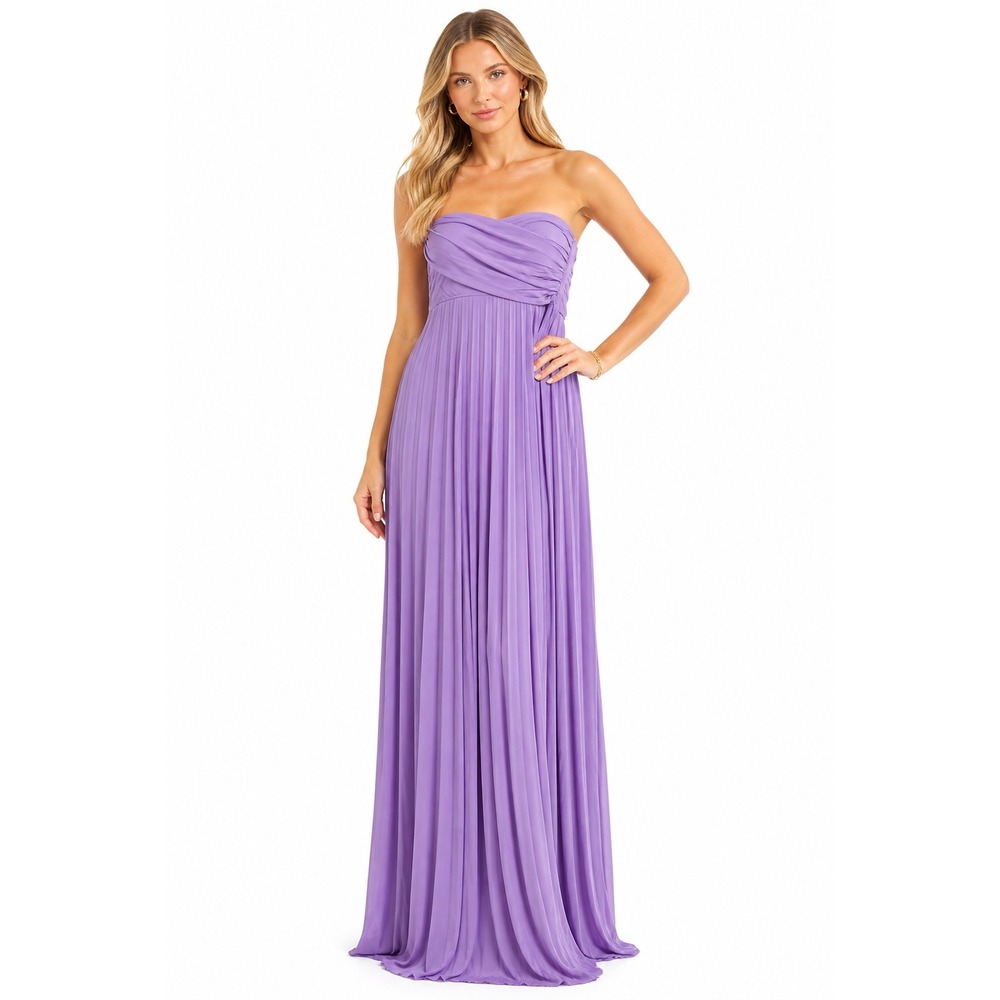 Women Maxi Dress L Lavender Purple Strapless Pleated Crossover Formal‎ Evening